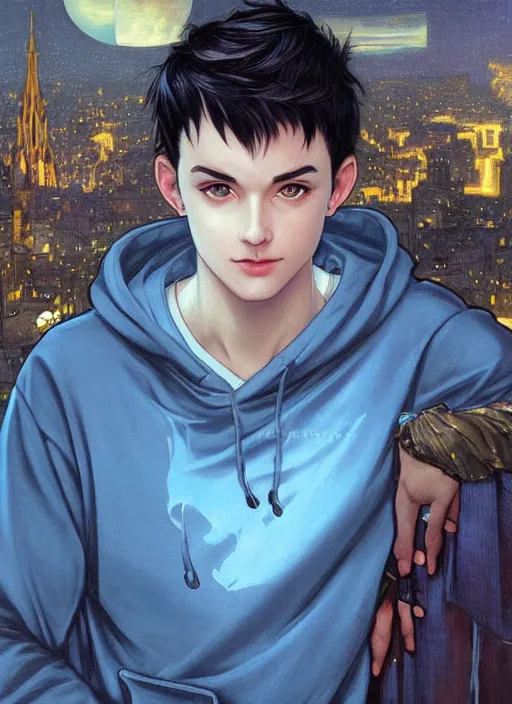 Image similar to handsome young man with short black hair, glowing light blue eyes, pale skin, wearing jeans and a black hoodie, detailed night time cityscape background, realistic painting by ross tran and gerald brom and alphonse mucha, ilya kuvshinov, svetlana tigai, artgerm, trending on artstation