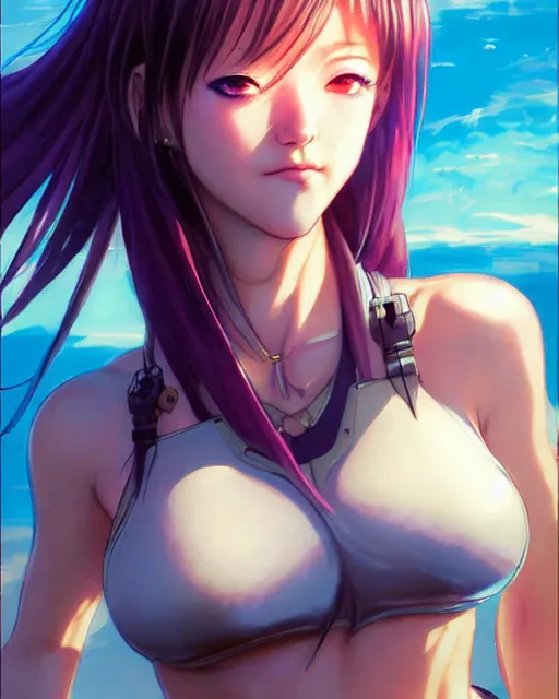 Image similar to portrait Anime Girl in bikini armor cute-fine-face, pretty face, realistic shaded Perfect face, fine details. Anime. Warhammer, futuristic, cyberpunk realistic shaded lighting by katsuhiro otomo ghost-in-the-shell, magali villeneuve, artgerm, rutkowski Jeremy Lipkin and Giuseppe Dangelico Pino and Michael Garmash and Rob Rey
