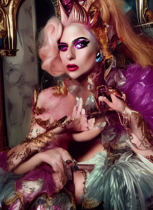 Image similar to lady gaga styled by david lachapelle posing in an expensive mansion setting , vogue magazine, Highly realistic. High resolution. Highly detailed. Dramatic. 8k.4k.