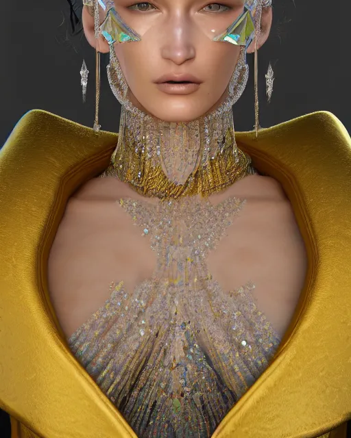 Image similar to a highly detailed metahuman 8 k close up render of bella hadid in gustav klimt style in diamonds crystals swarovski and jewelry on artstation made in unreal engine 4