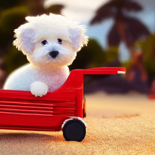 Image similar to a photorealistic photograph of a smiling white Bichon Frisé puppy pulling a little red wagon that is overflowing with french fries during sunset at the beach Trending on Artstation, featured on Behance, well-rendered, Unreal Engine, 4K HD