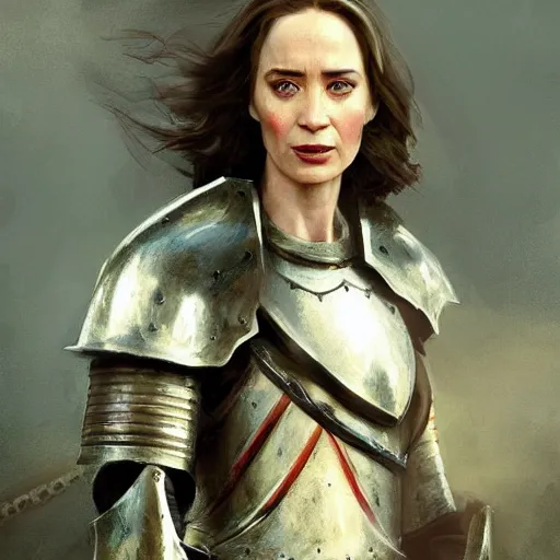 Prompt: portrait of emily blunt as a medieval knight, helmet held in hand, broadsword and shield on her back, fantasy art by greg rutkowski