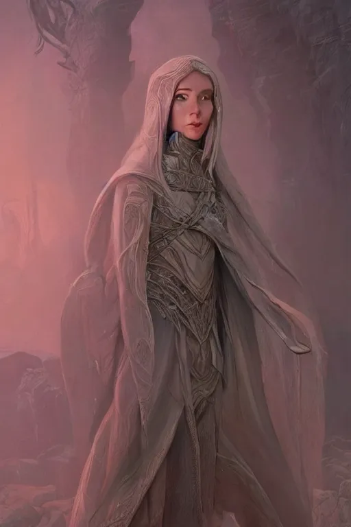 Prompt: a female elf in a cloak with long hairs, art by James Jean and Wayne Barlowe, high detail, cinematic, cgsociety 8k
