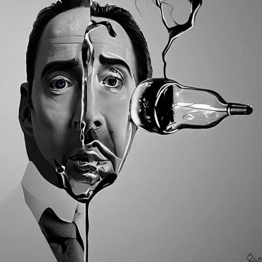 Image similar to Drinking from bottle Nicolas Cage in liquid form, Surrealism, Surreal drawing, Digital art, from artstation, art by Salvador Dali