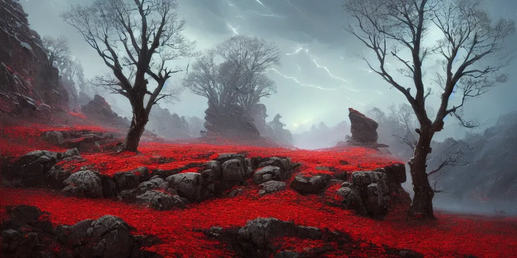 Image similar to A beautiful oil painting of a rocky valley covered in snow, trees with red leaves, thunderstorm in the sky, blue lighting, gloomy, atmospheric lighting, detailed, by greg rutkowski, trending on artstation