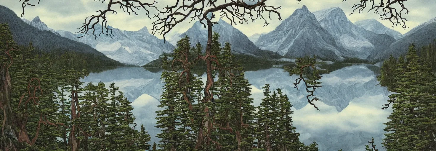 Image similar to escher painting of a lake, big trees reflecting on lake surface, mountains at background, snowy, ultra sharp, ultra detailed, horror emotion, colorized by salvador