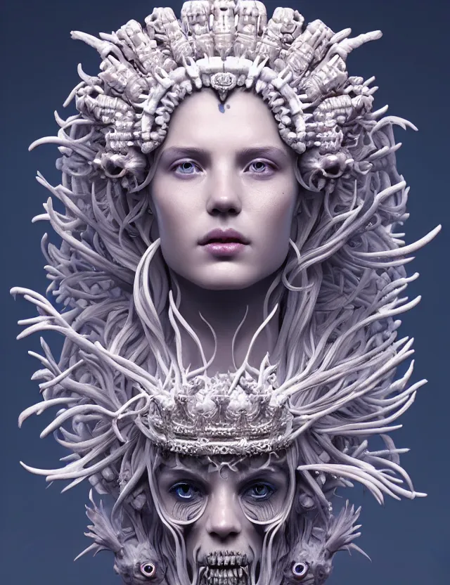 Prompt: symmetrical, centered, zbrush sculpt of goddess close-up portrait wigh crown made of skulls. phoenix betta fish, phoenix, bioluminiscent creature, super intricate ornaments artwork by Tooth Wu and wlop and alena aenami and greg rutkowski