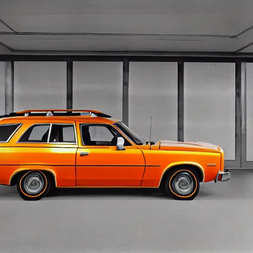 Image similar to 1 9 7 3 ford pinto stationwagon, orange - yellow color, wide - angle lens, dramatic lighting, cool marketing photo