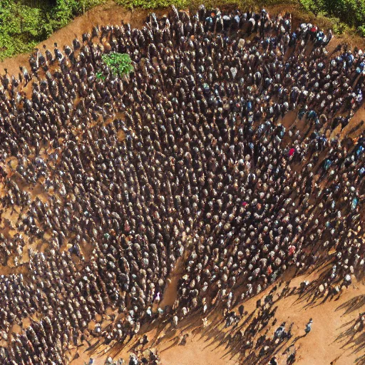 Prompt: aerial hd photograph of a uncontacted crowd of african congo tribe looking into camera, golden pyramid