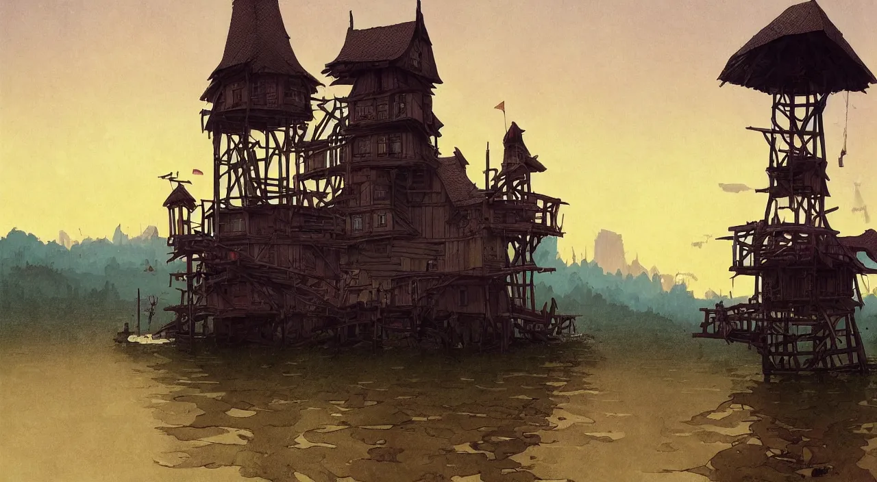 Prompt: single flooded simple wooden tower, very coherent and colorful high contrast!! masterpiece by simon stalenhag norman rockwell carl spitzweg syd mead james gilleard, dark shadows, sunny day, hard lighting