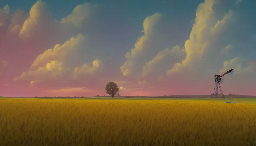 Image similar to colourful sky, wheat field, radio antenna, big trees, matte painting, art station, digital art, simon stalenhag