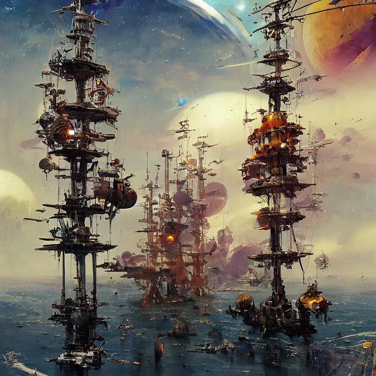 Image similar to pirate ship in space, sci-fi concept art, by * Simon Stålenhag, by John Berkey, highly detailed