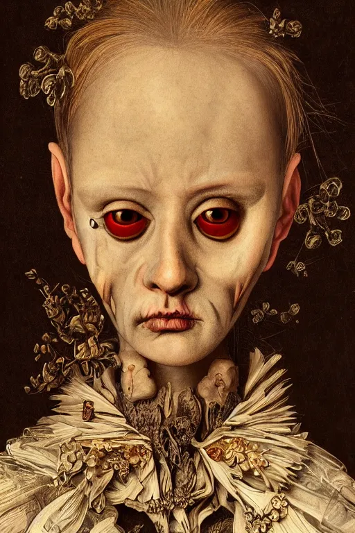 Image similar to Detailed maximalist portrait with large lips and with large eyes, sad expression, anatomical, HD mixed media, 3D collage, highly detailed and intricate illustration in the style of Caravaggio, dark art, baroque