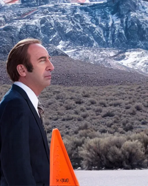 Image similar to film still saul goodman depressed, mountain backround with a traffic cone nearby.