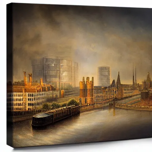 Prompt: Industrial London cityscape, art noveau, golden fog