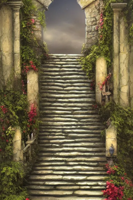 Prompt: matte glossy painting of stone steps fantasy leading do a fantasy door opening flowers, thorns roots along the steps, artstation by emilia dziubak, will terry, greg olsen, chris mars, ann long, and mark brooks, gret ritkowski dramatic, neo classical architecture, colorful architecture