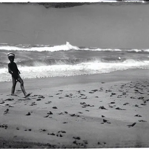 Image similar to a 1 9 2 8 photograph of a shark with human legs walking on the beach