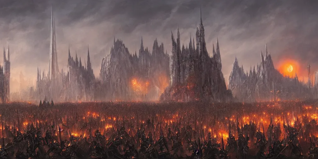 Image similar to Sauron in the foreground with his troops in the background in the evening, detailed matte painting, cinematic, Alan Lee, Artstation