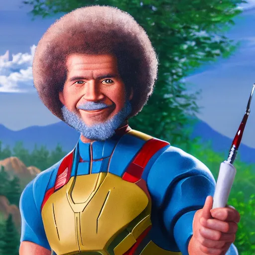 Image similar to a closeup photorealistic photograph of bob ross holding a paintbrush and diligently finishing a canvas painting of iron man. mountains and trees. film still. brightly lit scene. this 4 k hd image is trending on artstation, featured on behance, well - rendered, extra crisp, features intricate detail, epic composition and the style of unreal engine.