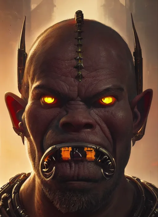Image similar to portrait of an warhammer Orc as a character in Cyberpunk 2077, looking at camera, intricate, elegant, sci-fi, extremely detailed, digital painting, artstation, concept art, smooth, sharp focus, illustration, ambient lighting, incredible art by artgerm and greg rutkowski and alphonse mucha and simon stalenhag