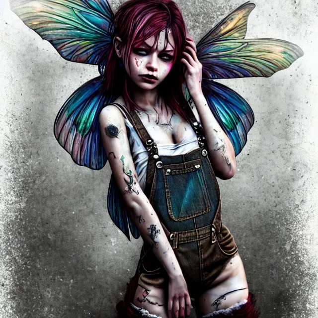 Image similar to full body pose, beautiful adult anarchy fairy, dirty, grungy, grunge, overalls, highly detailed, 4 k, hdr, smooth, sharp focus, high resolution, award - winning photo, artgerm, photorealistic