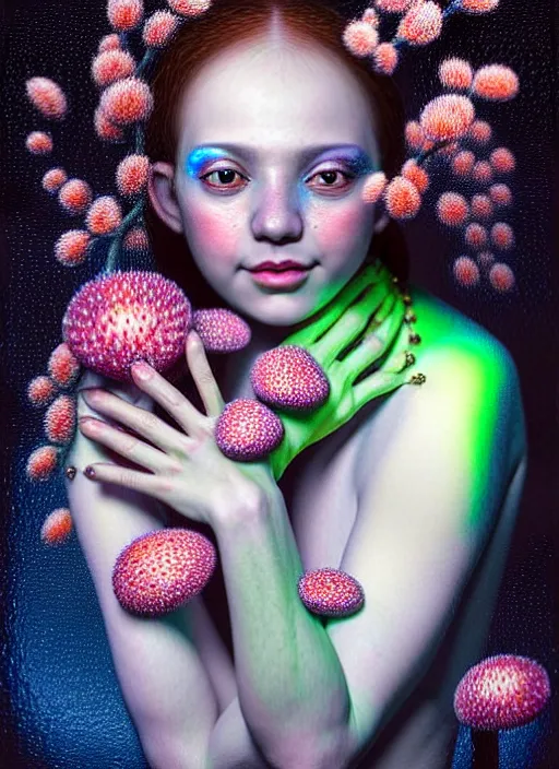 Prompt: hyper detailed 3d render like a chiariscuro Oil painting with focal blur - Aurora (Singer) looking adorable and seen in dynamic pose joyfully Eating of the Strangling network of glowing and milky Fruit and Her delicate Hands hold of gossamer polyp blossoms bring iridescent fungal flowers whose spores black the foolish stars to her smirking mouth by Jacek Yerka, Mariusz Lewandowski, Houdini algorithmic generative render, Abstract brush strokes, Masterpiece, Edward Hopper and James Gilleard, Zdzislaw Beksinski, Mark Ryden, Wolfgang Lettl, hints of Yayoi Kasuma, octane render, 8k