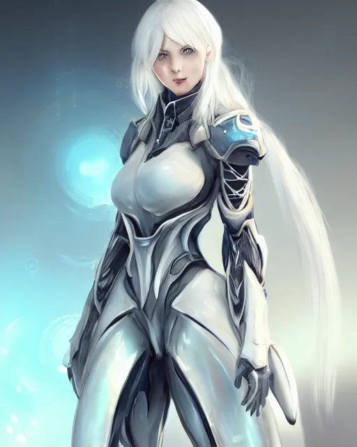 Image similar to perfect white haired girl, warframe armor, beautiful, dreamy, portrait, highly detailed, digital painting, trending on artstation, concept art, sharp focus, illustration, pretty face, blue eyes, scifi platform, front lit, laboratory, experiment, masterpiece, art by masayoshi tanaka, akihiko yoshida, kazuya takahashi