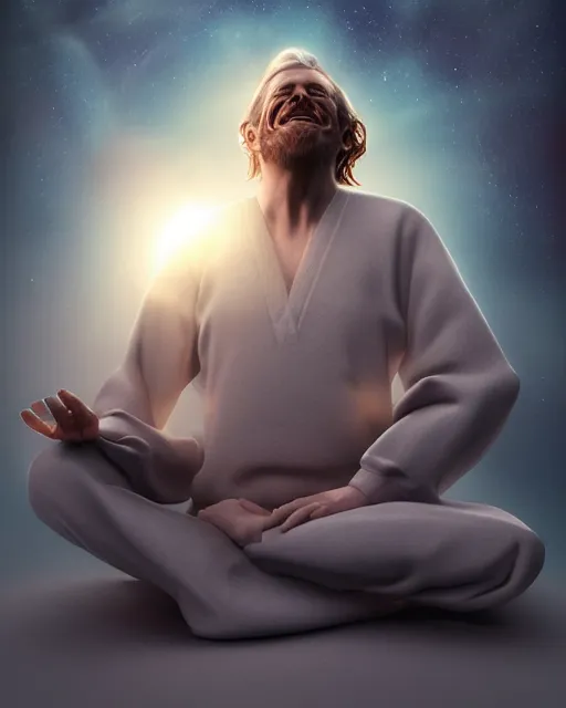 Image similar to alan watts grinning meditating floating hair cinematic in galaxy universe realistic dramatic backlit stylized soft airbrush painting highly detailed, subsurface scattering, 3d render senior artist, photorealistic, textured, featured on artstation