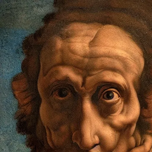 Image similar to scared man staring up, high detail painting by michelangelo