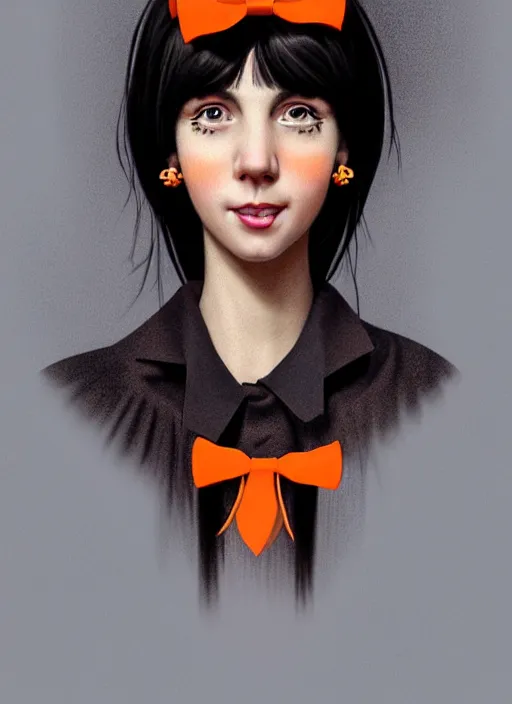 Image similar to portrait of high school girl, realistic, black hair, bangs, half updo hairstyle, pointy nose, skinny, smile, ugly, defined jawline, big chin, orange hair bow, earrings, intricate, elegant, glowing lights, highly detailed, digital painting, artstation, sharp focus, illustration, art by wlop, mars ravelo and greg rutkowski