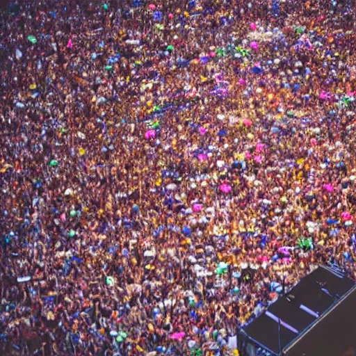 Prompt: aerial view of an concert with a huge stage, kodak portra 4 0 0, vaporwave colors, faded effect, 9 0 s vibe, tropical vibe,