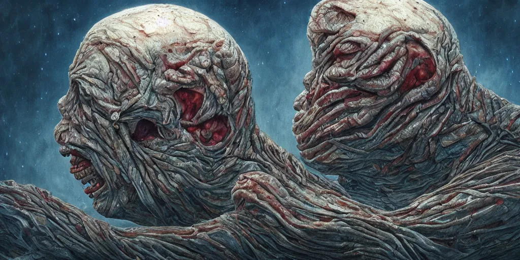 Prompt: skin folded like a blanket, veins, muscle tissue, blue veins underneath the skin, sub surface scattering, smooth, disturbing, highly interesting, masterpiece, 4 k, the thing, horror, cosmic horror, junji ito, larry elmore, gediminas pranckevicius, h. r. giger,