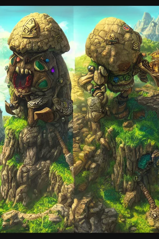 Image similar to zelda fantasy art giant golem troll wood rock greeble gemstone, global illumination ray tracing hdr fanart arstation by sung choi and eric pfeiffer and gabriel garza and casper konefal