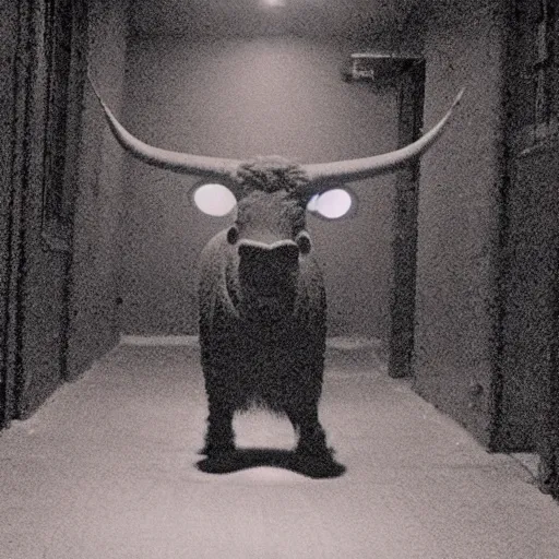 Image similar to hi - 8 night vision camera footage of a barely visible minotaur with red eyes in a dark hallway