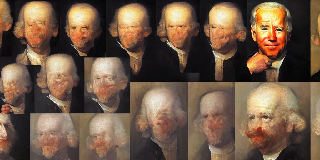 Prompt: a grid of oil paintings of joe biden with different expressions, in the style of Rembrandt, head and shoulders, dark background, perfect lighting, 8k, HD