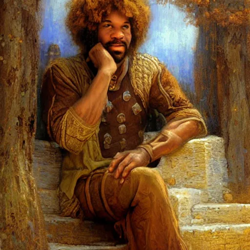 Image similar to a medieval carpenter, afro-featured, relaxing after work, candid, fantasy character portrait by gaston bussiere, craig mullins