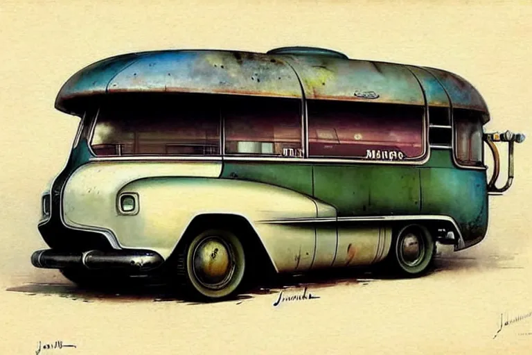 Prompt: ( ( ( ( ( 1 9 5 0 s retro science fiction rv ratrod bus. muted colors. ) ) ) ) ) by jean - baptiste monge!!!!!!!!!!!!!!!!!!!!!!!!!!!!!!
