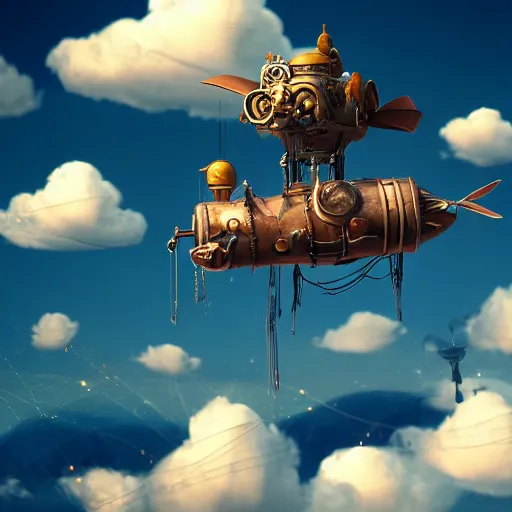 Prompt: Cloudjumper, a steampunk world with cute flying ships in fluffy colorful clouds and soft light, octane render