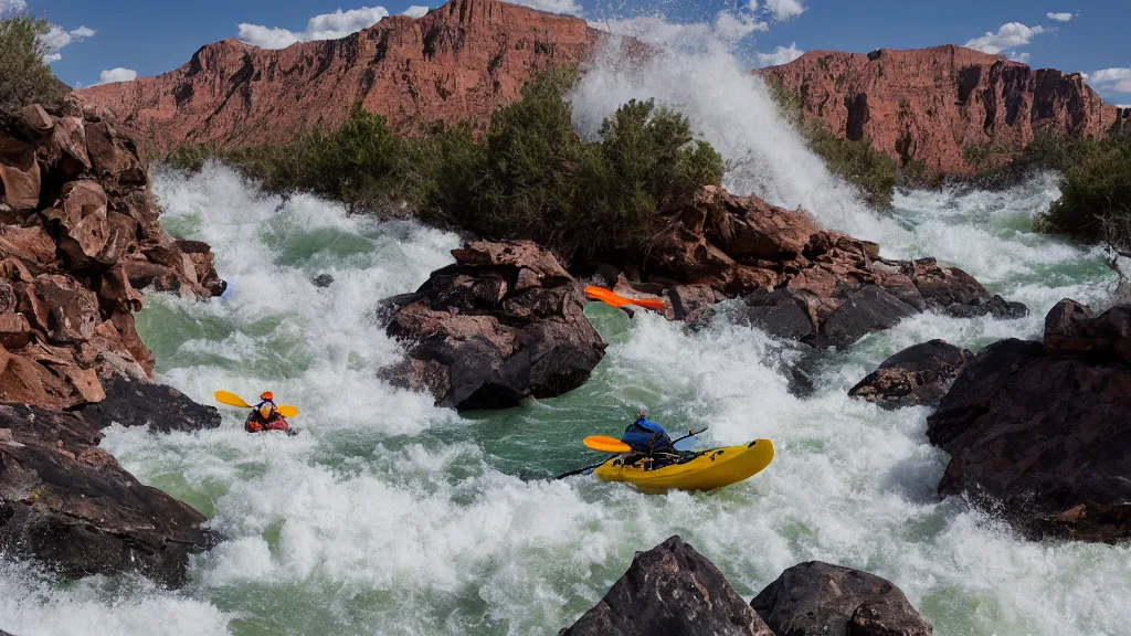 Image similar to a pair of kayakers shoot the rapids in the Colorado river, crashing waves, 35mm DSLR, photorealistic, 4k