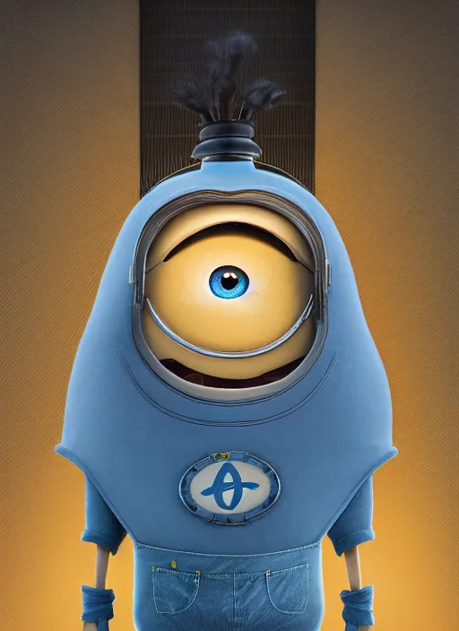 Image similar to anthropomorphic portrait of elon musk as a minion from despicable me, au naturel, hyper detailed, digital art, trending in artstation, cinematic lighting, studio quality, smooth render, unreal engine 5 rendered, octane rendered, art style by klimt and nixeu and ian sprigger and wlop and krenz cushart and greg rutkowski