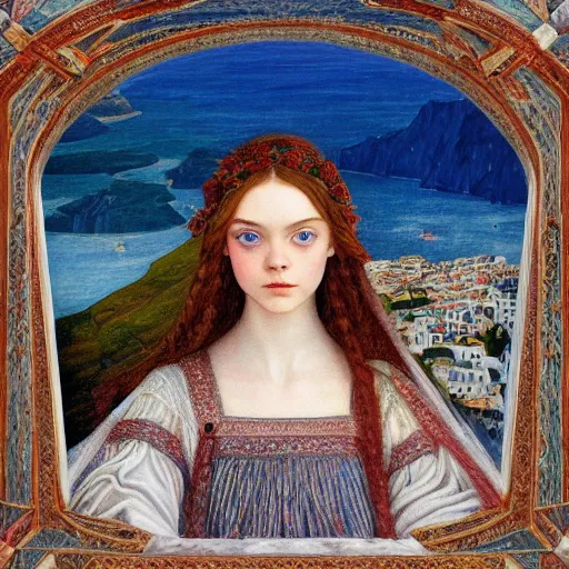 Prompt: professional painting of Elle Fanning in Santorini in the style of Eleanor Fortescue-Bricksdale, head and shoulders portrait, symmetrical facial features, smooth, sharp focus, illustration, intricate, stormy weather, extremely detailed masterpiece,