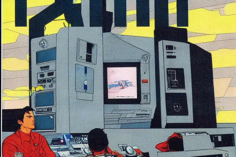 Prompt: 1979 OMNI Magazine Cover depicting a man hooked up to large computer banks. Cyberpunk Akira style by Vincent Di Fate