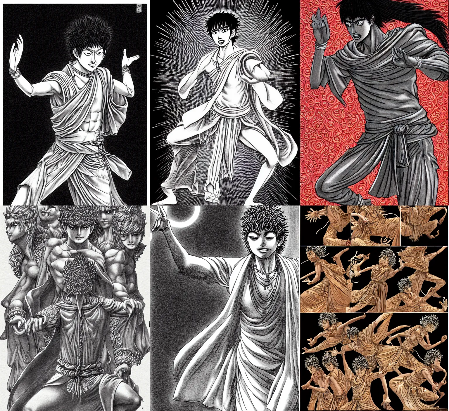 Prompt: detailed, sharp, Siddhartha dancing to disco song by Kentaro Miura. featured on artstation, HD, 8K, highly detailed, good lighting, masterpiece.