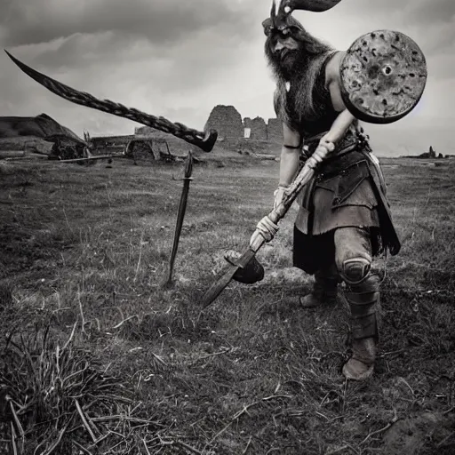 Image similar to viking in war armor working on the flying ancient device, tools and junk on the ground, old village in the distance, vintage old photo, black and white, sepia