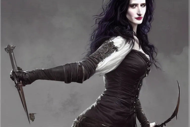 Image similar to A full body portrait of Eva Green as Yennefer from the Witcher in her alternative outfit Game by Ruan Jia and Mandy Jurgens and Artgerm and william-adolphe bouguerea, highly detailed, trending on artstation, award winning, H 768