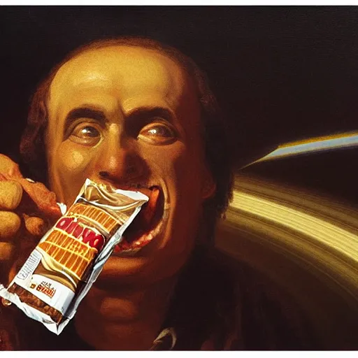 Image similar to saturn devouring a snickers chocolate bar, goya painting, in the style of goya and greg rutkowski, in the style of black paintings, 8 k, highly realistic