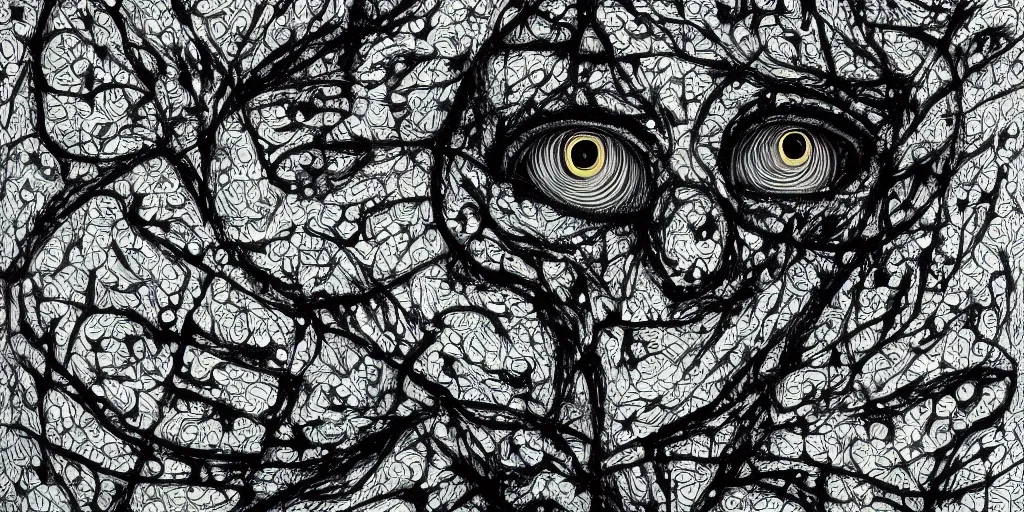 Image similar to camo of eyes, technical, acrylic, teeth, eerie, tribal, clay, dots, lines, stipple, points, grid, cybernetic, old painting, francis bacon art, swirly eyes, hypnosis, eerie, terror, oil, neon, black and white, splotches