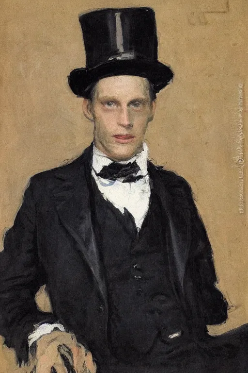 Image similar to portrait of alexander skarsgard as a gentleman wearing an edwardian suit and top hat by walter sickert, john singer sargent, and william open