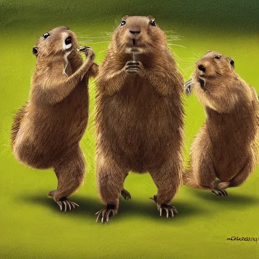 Image similar to three groundhogs dancing together,artstation