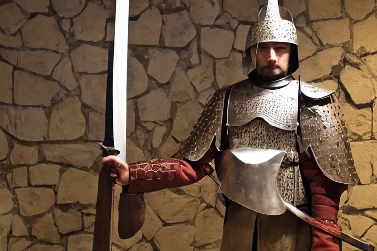 Prompt: photo of a reconstruction of a balkan tatar knight holding a sword, displayed in a museum